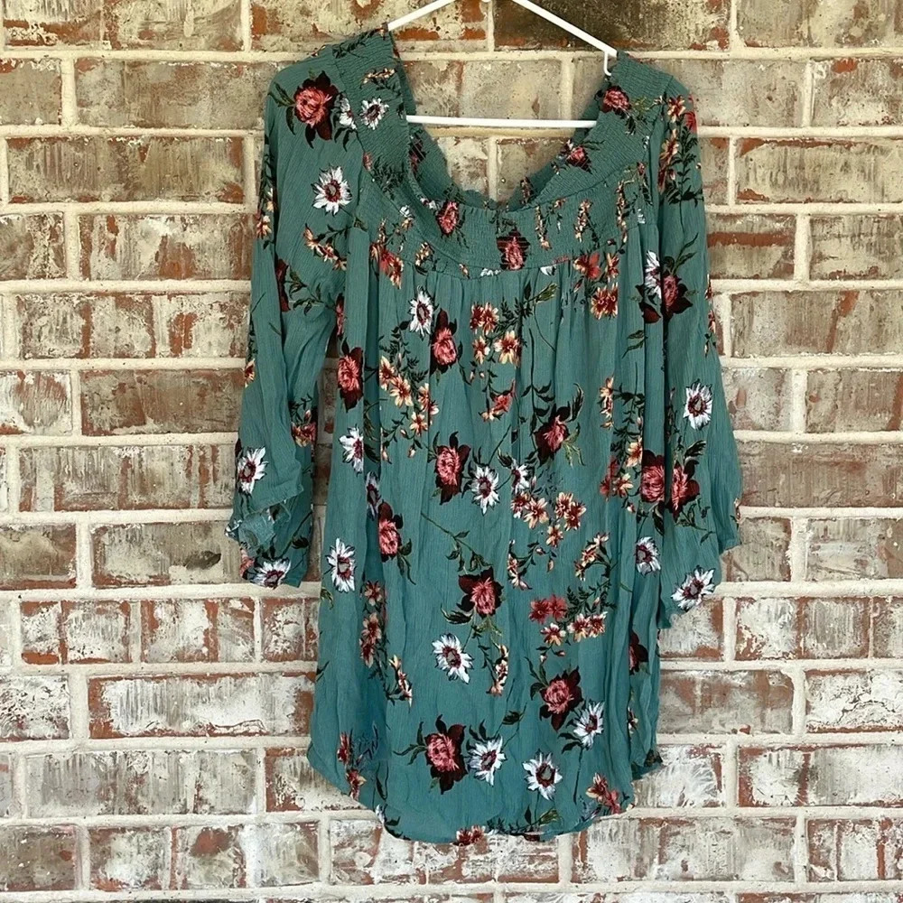 Kori Teal Crinkle Floral Smock‎ Neck Blouse